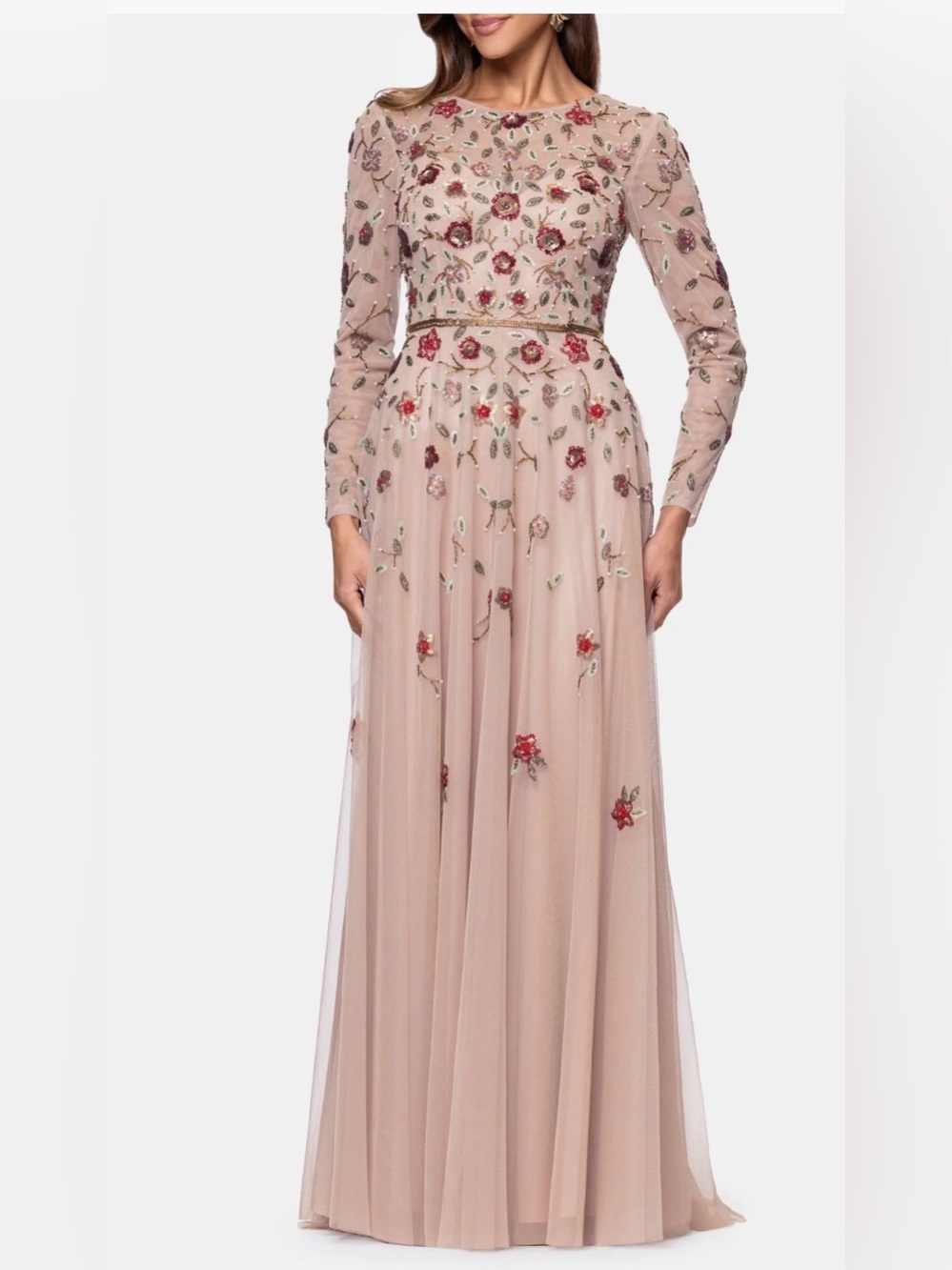 Xscape Evening Beaded Floral Long Sleeves Taupe/multi Gown Size:8